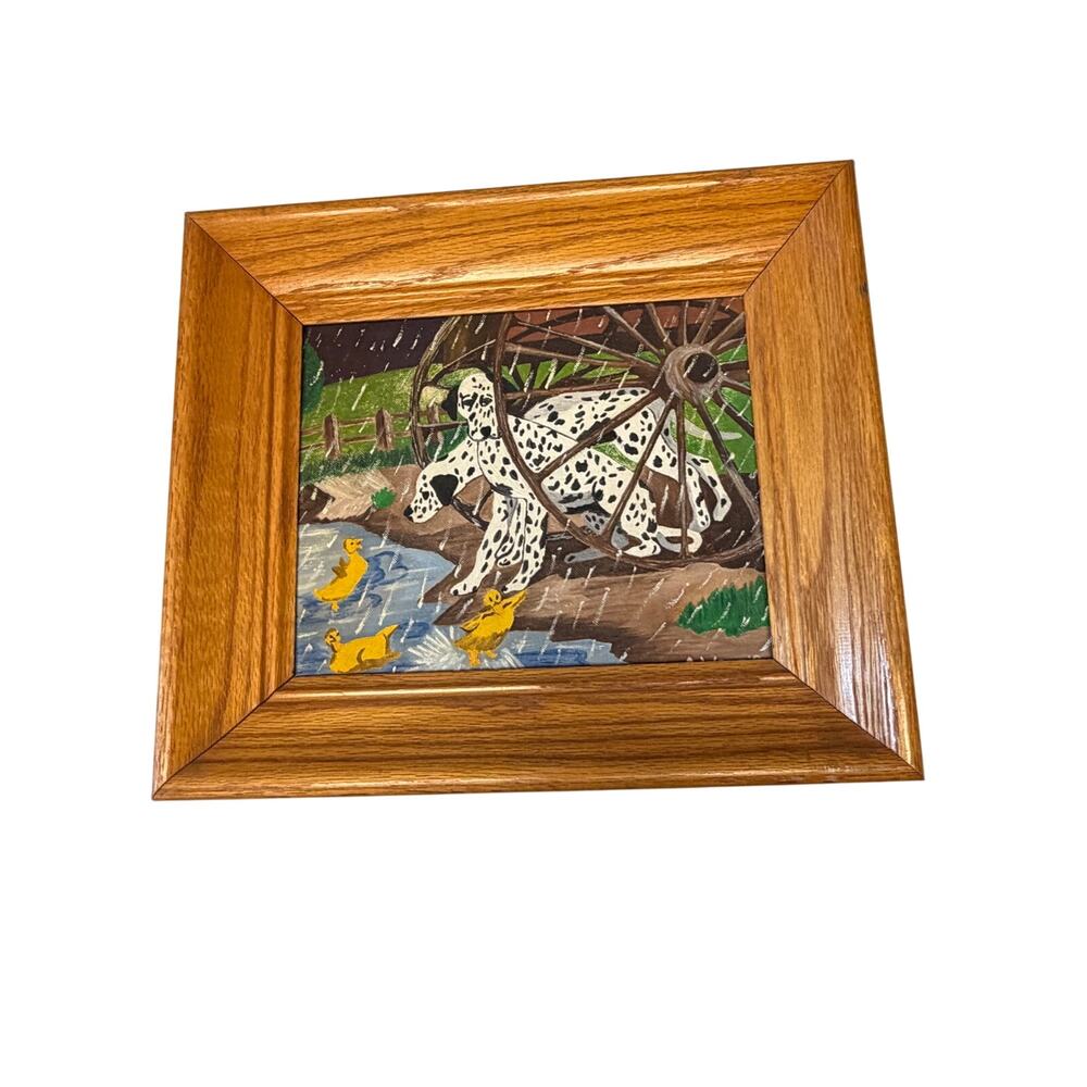 Vintage Folk Art Dalmatian Dog Ducks Rain Painting Framed Signed A Wernig